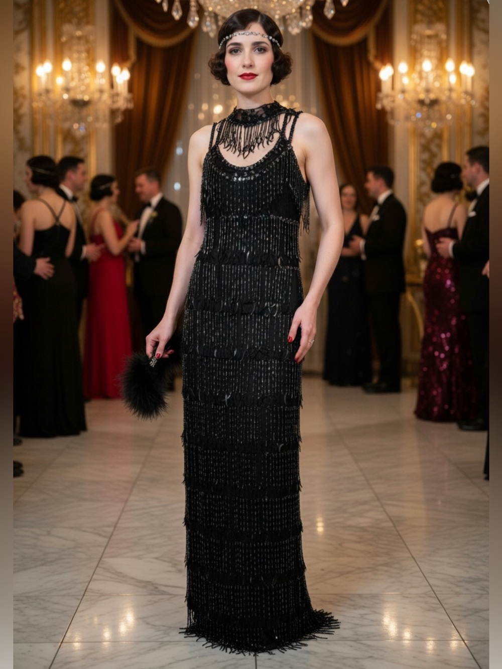 Attitudes by Deborah Hand Beaded flapper dress Black Sequin Fringe Maxi Elegant